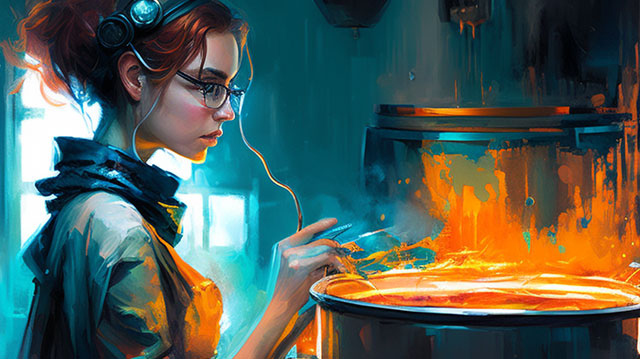 a futuristic oil painting of a young female scientist looking into a cooking pot fo digital methods for technology assessment